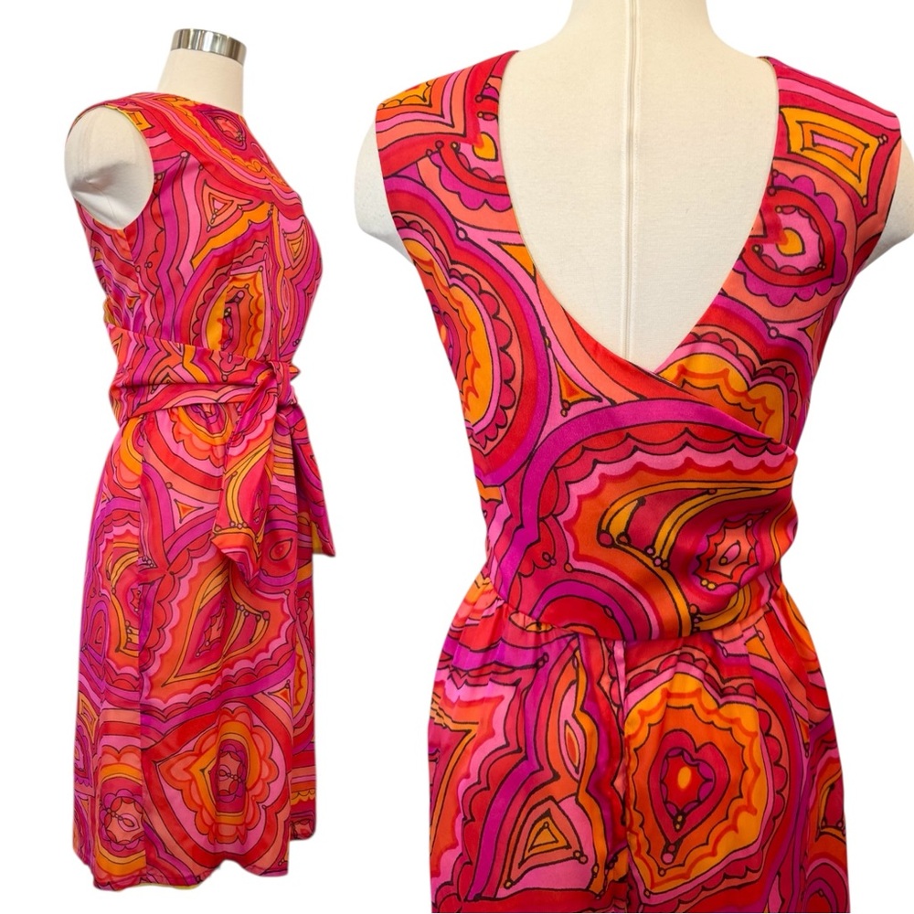 Vintage Malia Hawaiian Pink Orange Mod Heart Paisley 60s 70s Shift Dress 12 - Picture 2 of 11
